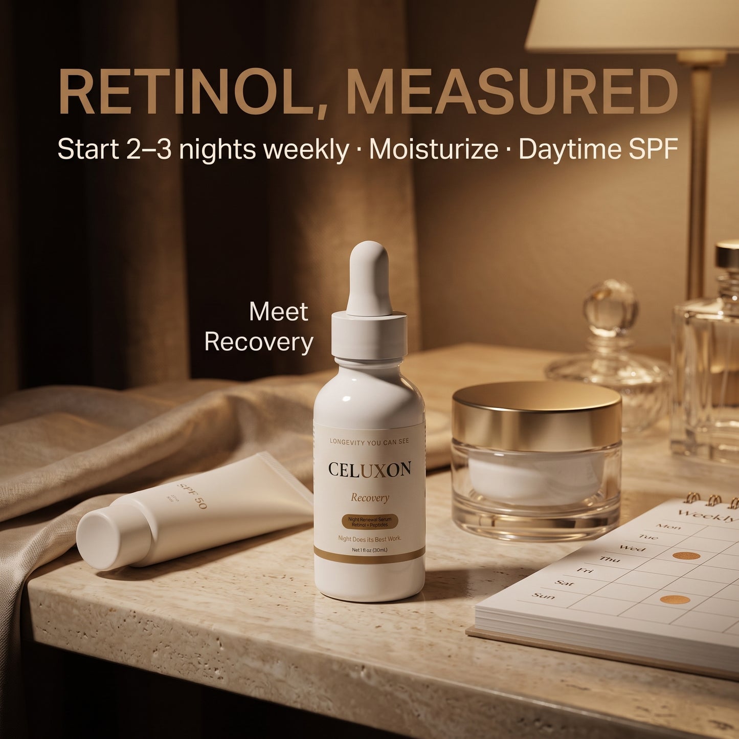A skincare set arranged on a stone tabletop in warm indoor lighting: a white dropper bottle labeled CELUXON Recovery, a white tube, a clear jar with a gold lid, and a small calendar page. Large text at the top reads 'RETINOL, MEASURED' with smaller usage text, and 'Meet Recovery' appears beside the bottle.