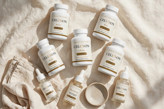 CELUXON evening skincare ritual flat lay