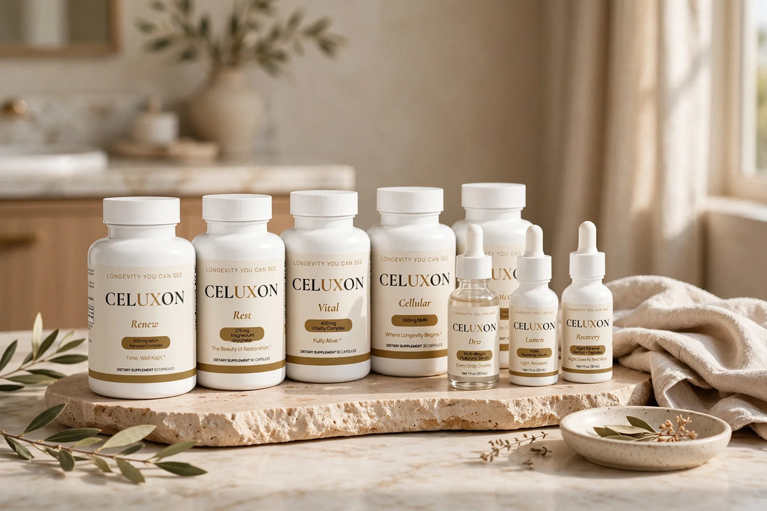 CELUXON skincare arranged on a bright vanity
