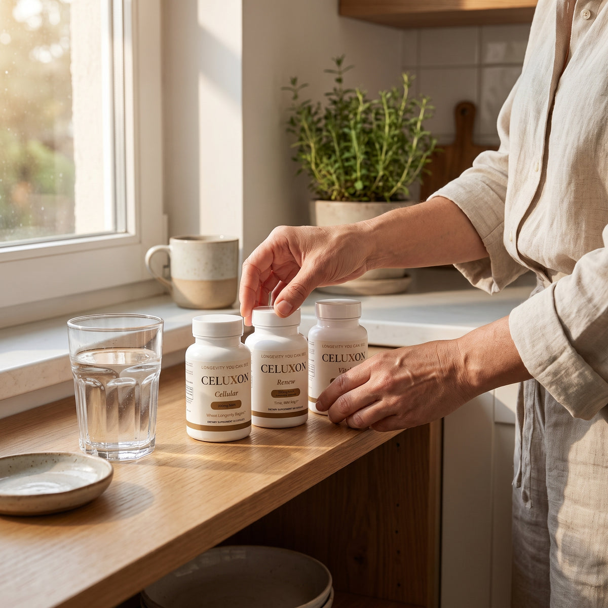 A person in a beige linen shirt stands at a wooden kitchen counter, reaching toward three white supplement bottles labeled CELLUNON. A glass of water, ceramic dishes, and a potted plant are visible in a bright, sunlit kitchen setting.