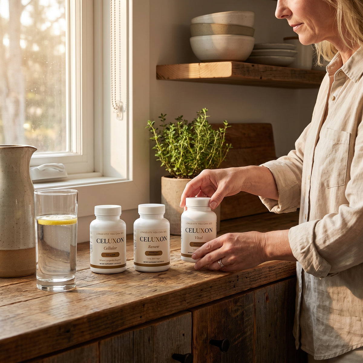 A woman in a beige linen shirt stands at a rustic wooden counter in a sunlit kitchen, reaching toward three white supplement bottles labeled CELLUXON. A glass of water with lemon and a ceramic pitcher sit nearby, with shelves and a potted plant in the background.