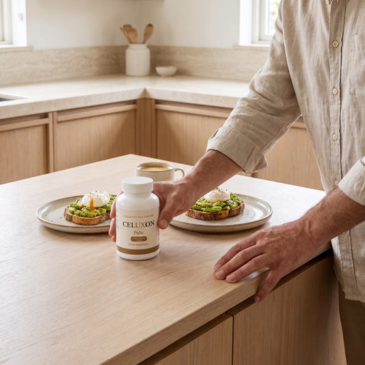 A man in a beige linen shirt stands at a light wood kitchen island holding a white bottle labeled CELUXON Pure. Two plates of avocado toast sit on the counter in the background of a bright, modern kitchen.