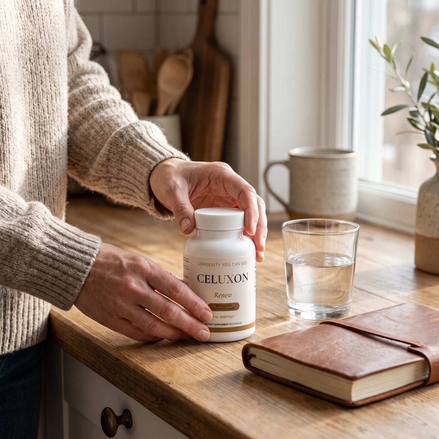 A person in a beige knit sweater holds a white bottle labeled CELUXON on a wooden countertop near a window, with a glass of water, a brown notebook, and a vase in the background.