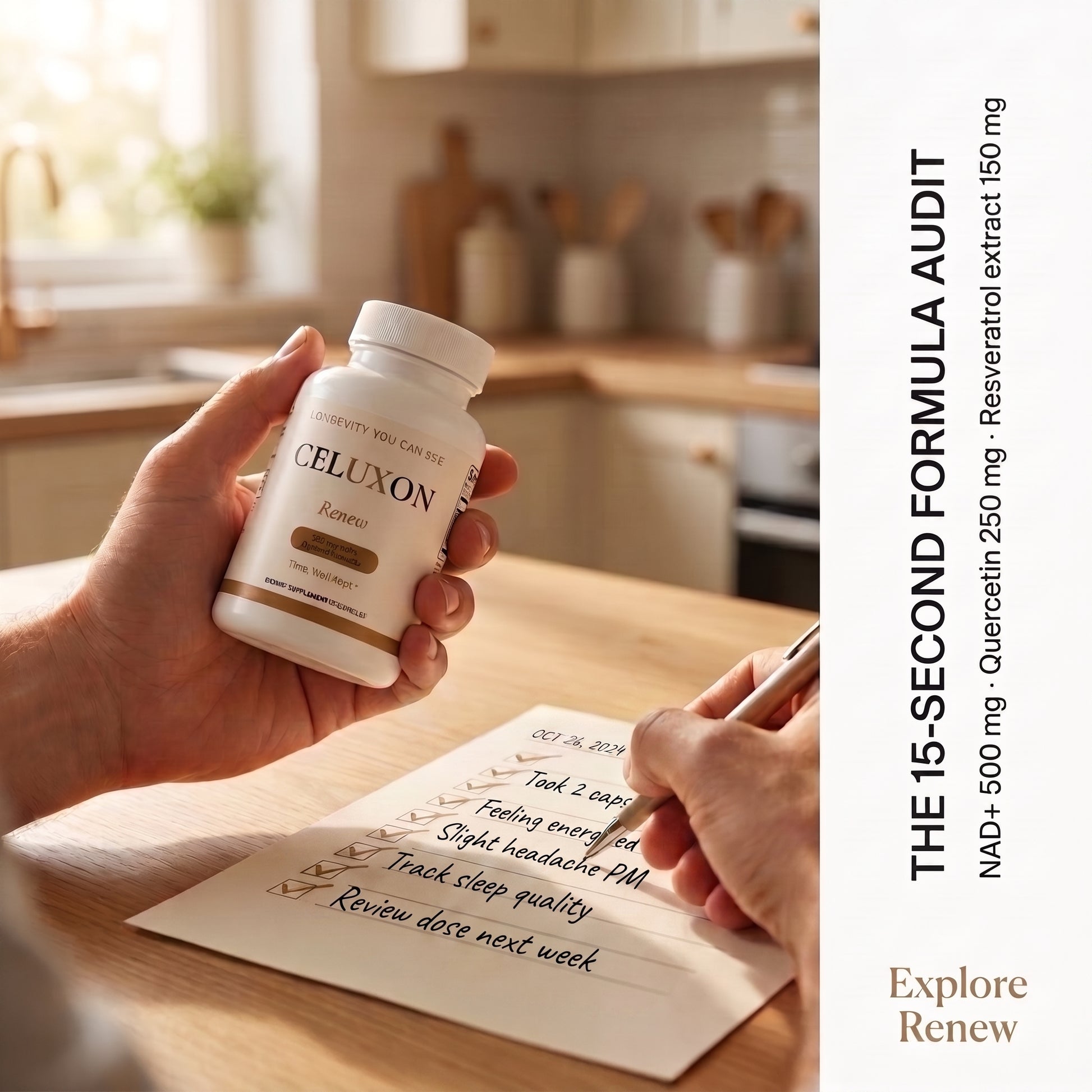 A person holds a white bottle labeled CELUXON Formula in a kitchen setting while writing on a notepad. The right side of the image has a vertical text panel reading 'THE 15-SECOND FORMULA AUDIT' with 'Explore Renew' at the bottom.