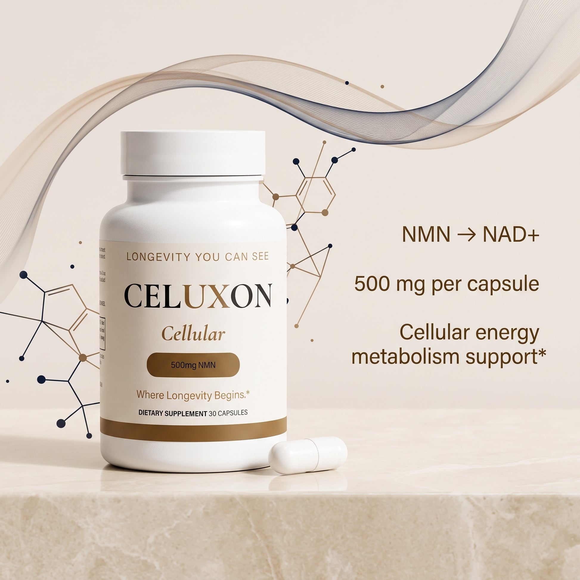 A white bottle of CELUXON Cellular dietary supplement with a white cap, shown on a beige surface with a capsule in front. The label is white with black and gold text.
