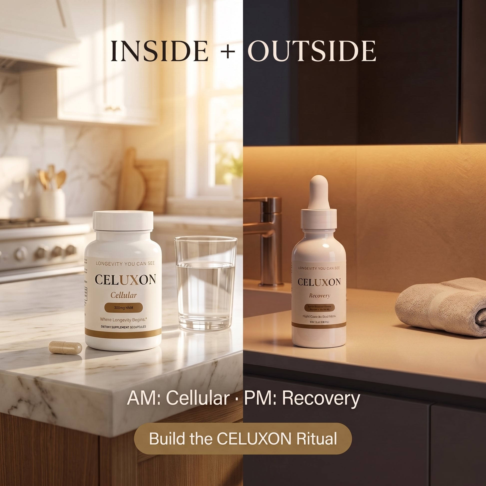 A split lifestyle scene showing a CELUXON Cellular supplement bottle and dropper bottle on a kitchen counter, with text reading 'INSIDE + OUTSIDE' and 'AM: Cellular • PM: Recovery'. The left side is bright and airy with marble surfaces, and the right side is warm and dim with a towel nearby.