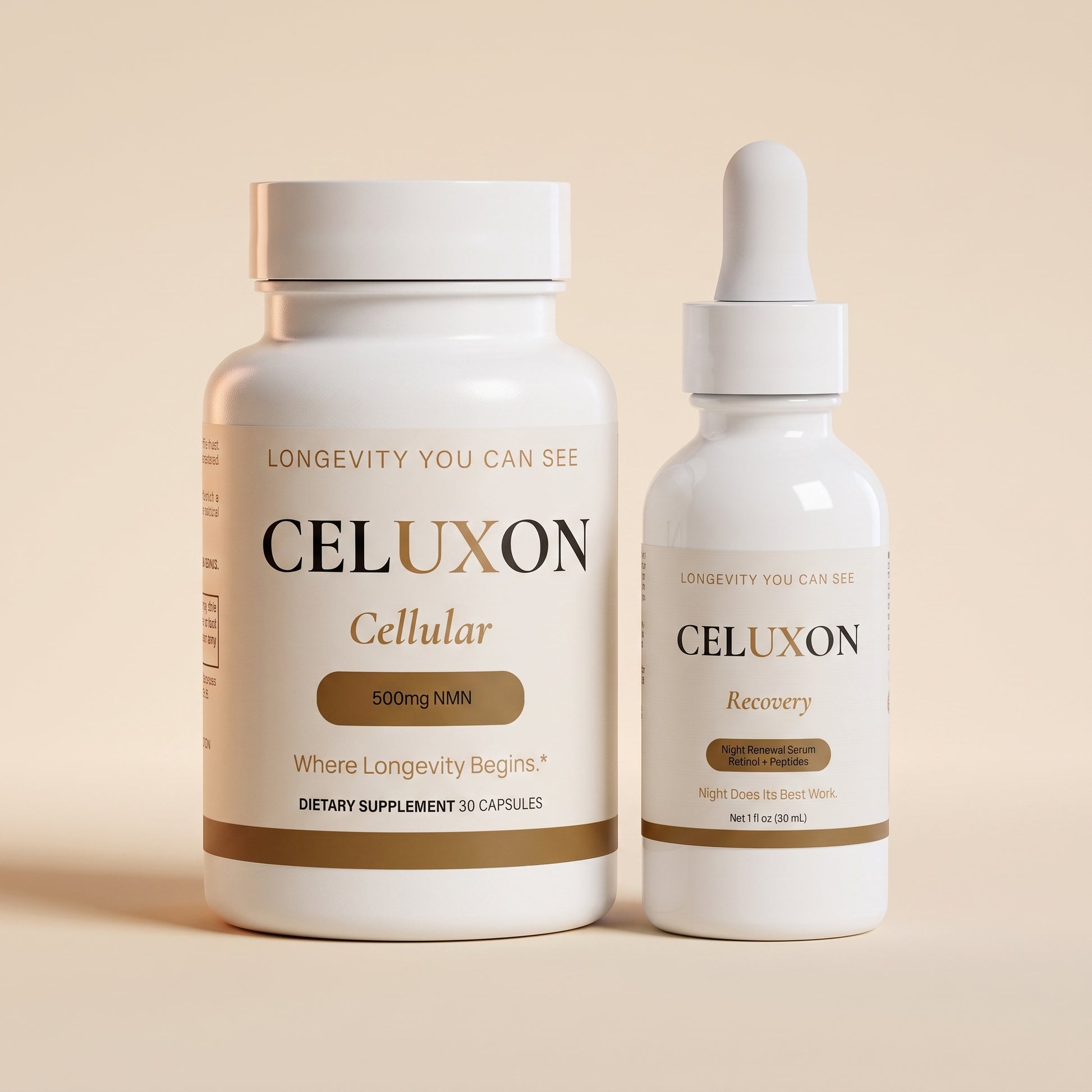 Two white supplement containers on a warm beige background: a larger bottle labeled CELUXON Cellular and a smaller dropper bottle labeled CELUXON Recovery.