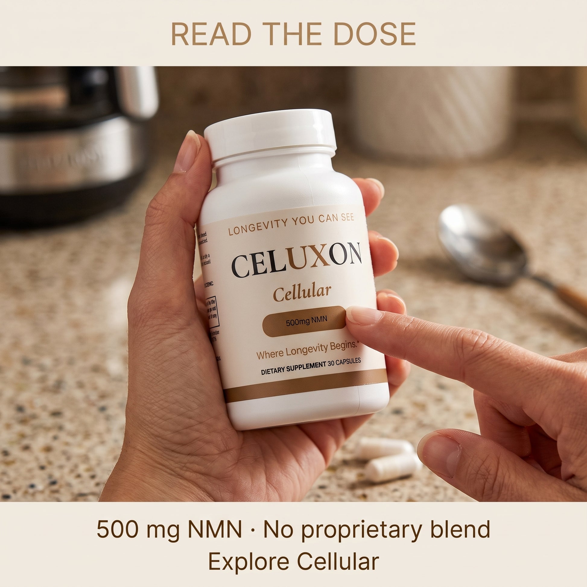 A hand holds a white bottle of Celuxon Cellular dietary supplement, with another hand pointing at the label. The background shows a blurred kitchen countertop with a spoon and coffee maker.