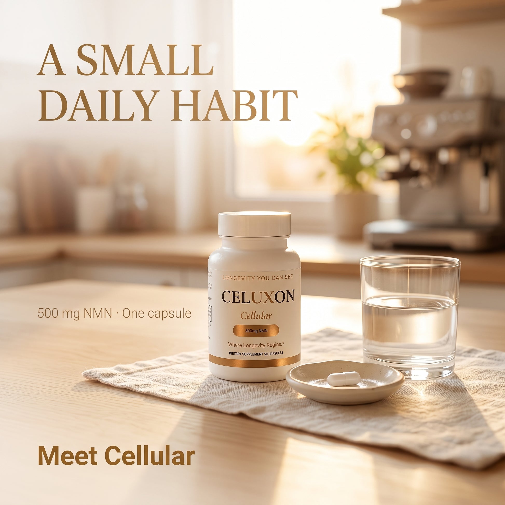 A bottle of CELUXON Cellular supplement capsules sits on a wooden table beside a glass of water and a small dish of capsules, with warm text reading 'A SMALL DAILY HABIT' and 'Meet Cellular' in a softly lit kitchen setting.