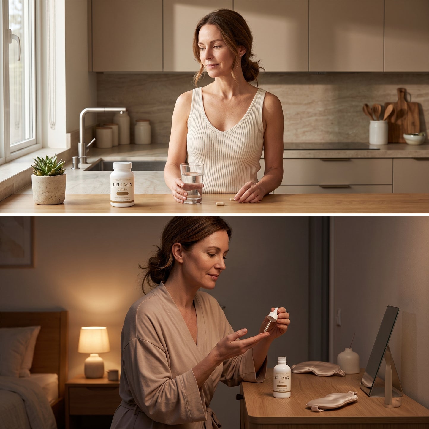A split-screen lifestyle image showing a woman in two different home settings. The top half shows her in a kitchen preparing a drink with a pill bottle labeled 'CELLULITE' on the counter.
