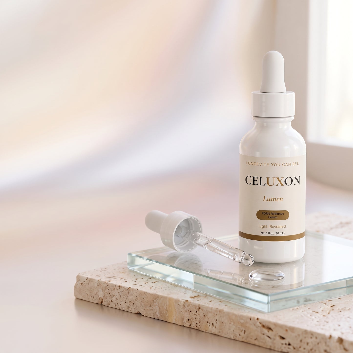 A white dropper bottle labeled CELUXON Lumen sits on a clear glass tray with its dropper beside it, placed on a light stone slab against a softly blurred warm-toned background.