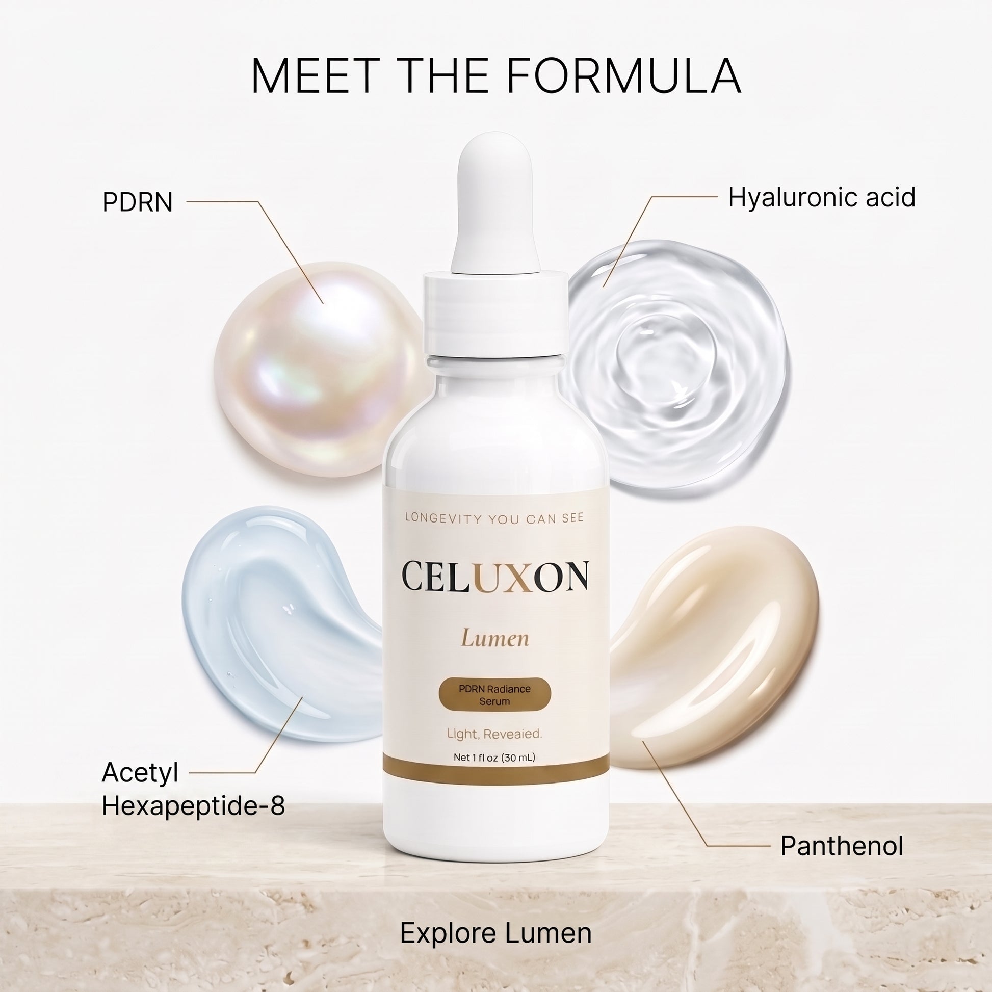 A white dropper bottle labeled CELUXON Lumen centered on a light background, with surrounding callouts for PDRN, Hyaluronic acid, Acetyl Hexapeptide-8, Panthenol, and the text 'MEET THE FORMULA' and 'Explore Lumen'.
