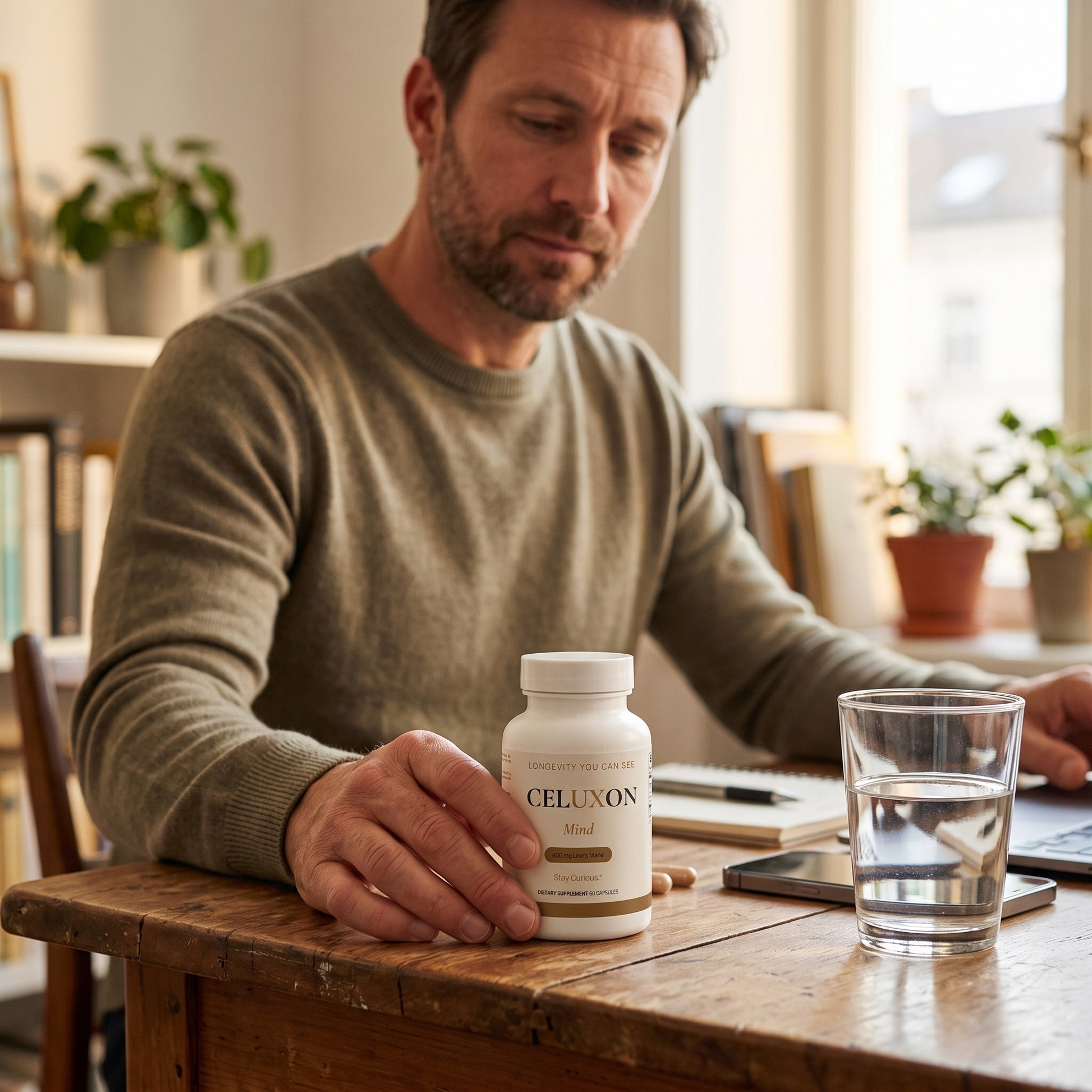 A man in a sage green sweater sits at a wooden desk, holding a white bottle of CELUXON 1000 mg. The scene is set in a warm, softly lit home office with plants, books, and a glass of water on the table.