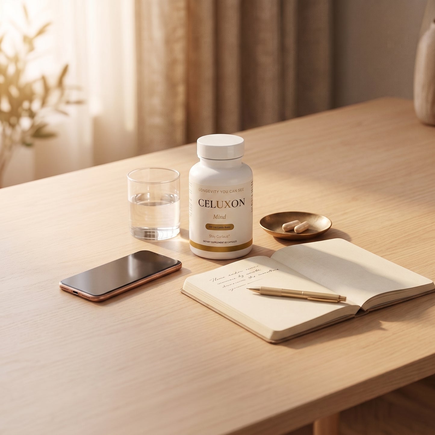 A white bottle of CELUXON Cell+ dietary supplement capsules sits on a light wood table next to a glass of water, an open notebook with a pen, and a smartphone in a warm, sunlit room.