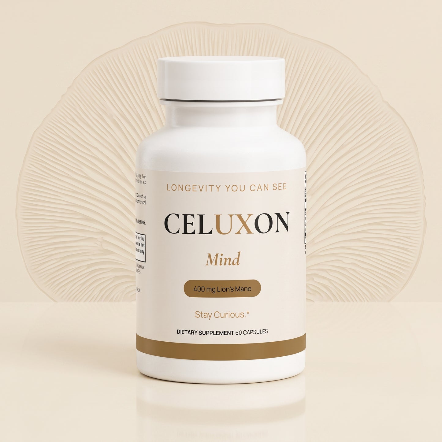 A white bottle of Celuxon Mind dietary supplement capsules, featuring a clean white label with gold and black text, set against a warm beige background with a subtle circular pattern.