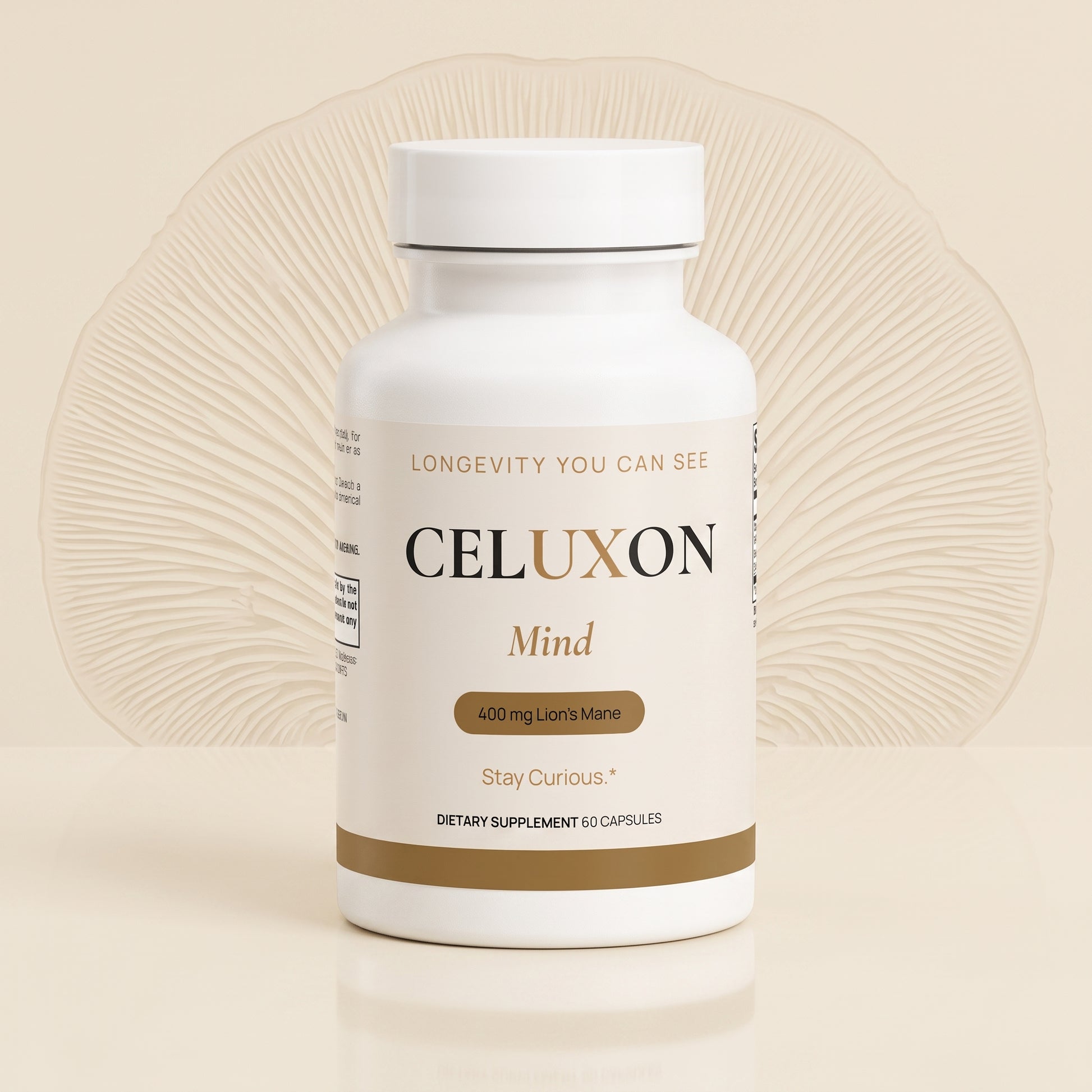 A white bottle of Celuxon Mind dietary supplement capsules, featuring a clean white label with gold and black text, set against a warm beige background with a subtle circular pattern.