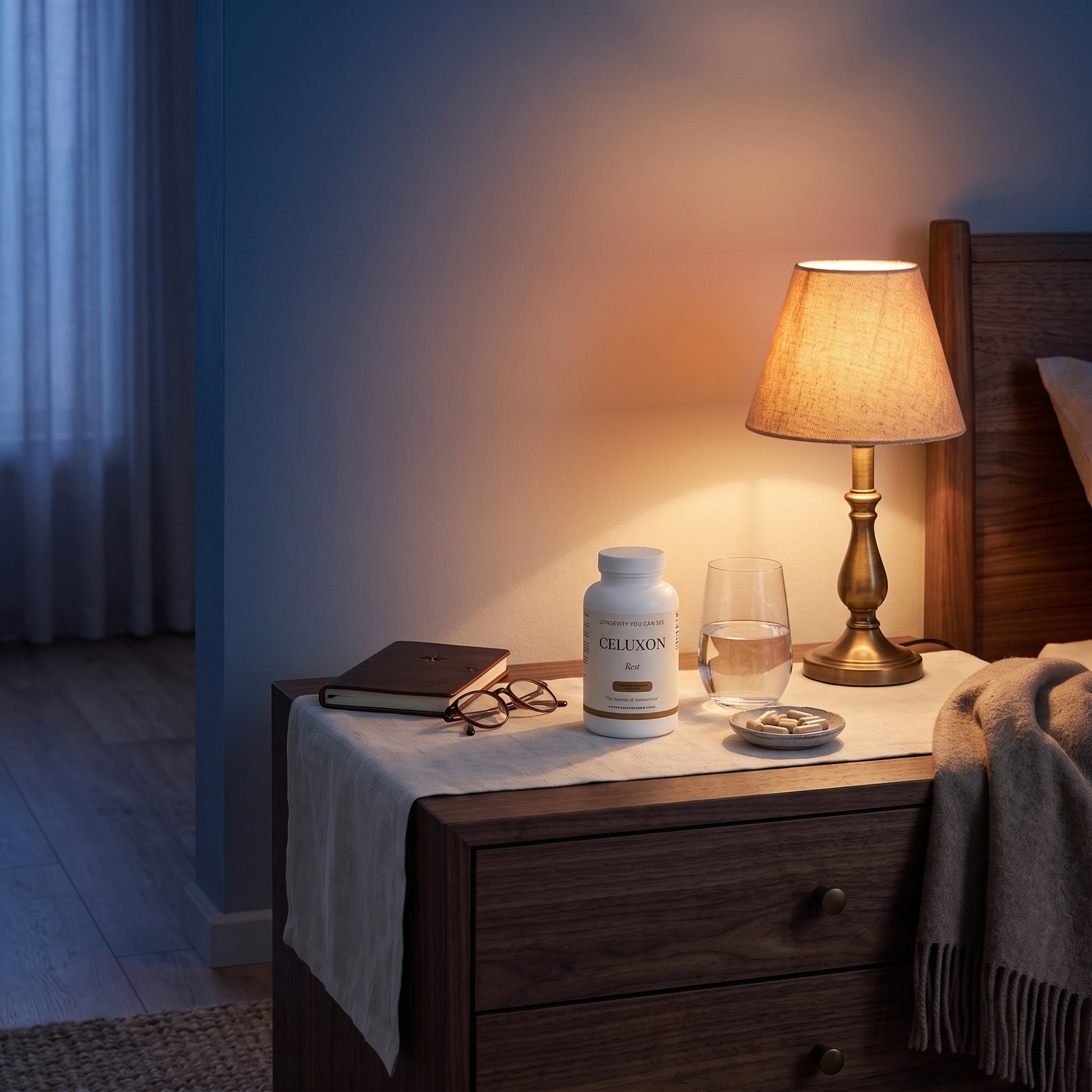 A bedside table in a bedroom setting with a lit table lamp, a white bottle labeled CELÉON Paris, a glass, a book, and eyeglasses on a white runner. The room has a blue-gray wall and warm ambient lighting.