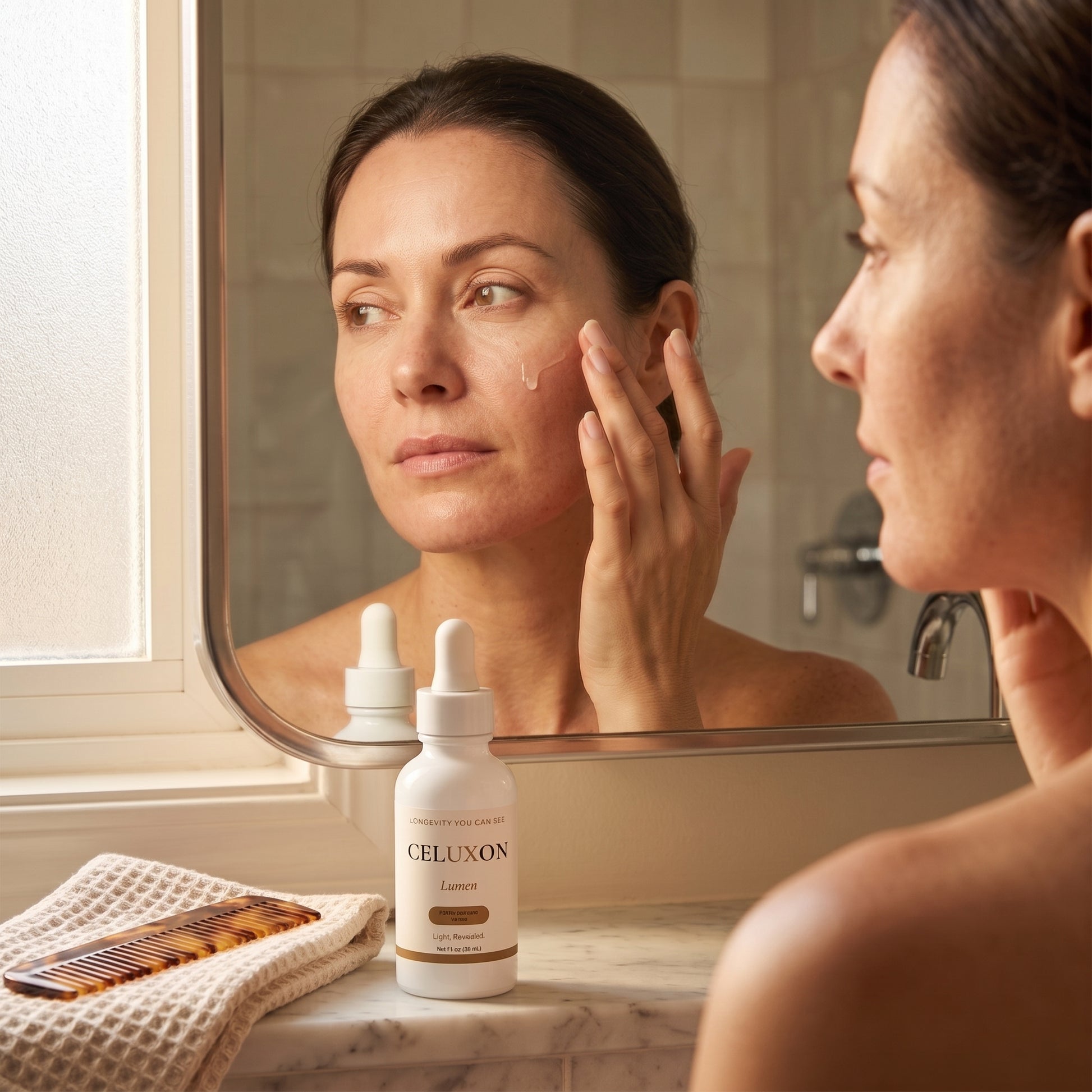 A woman applies skincare cream to her face while looking into a bathroom mirror. A white dropper bottle labeled CELUXON is placed on the counter in the foreground, with a folded towel and comb nearby.