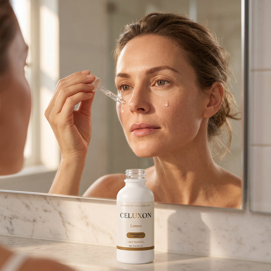A woman in a bathroom applies skincare dropper serum to her cheek while looking into a mirror. A white bottle labeled CELUXON Lumin is placed on the marble countertop below the mirror.