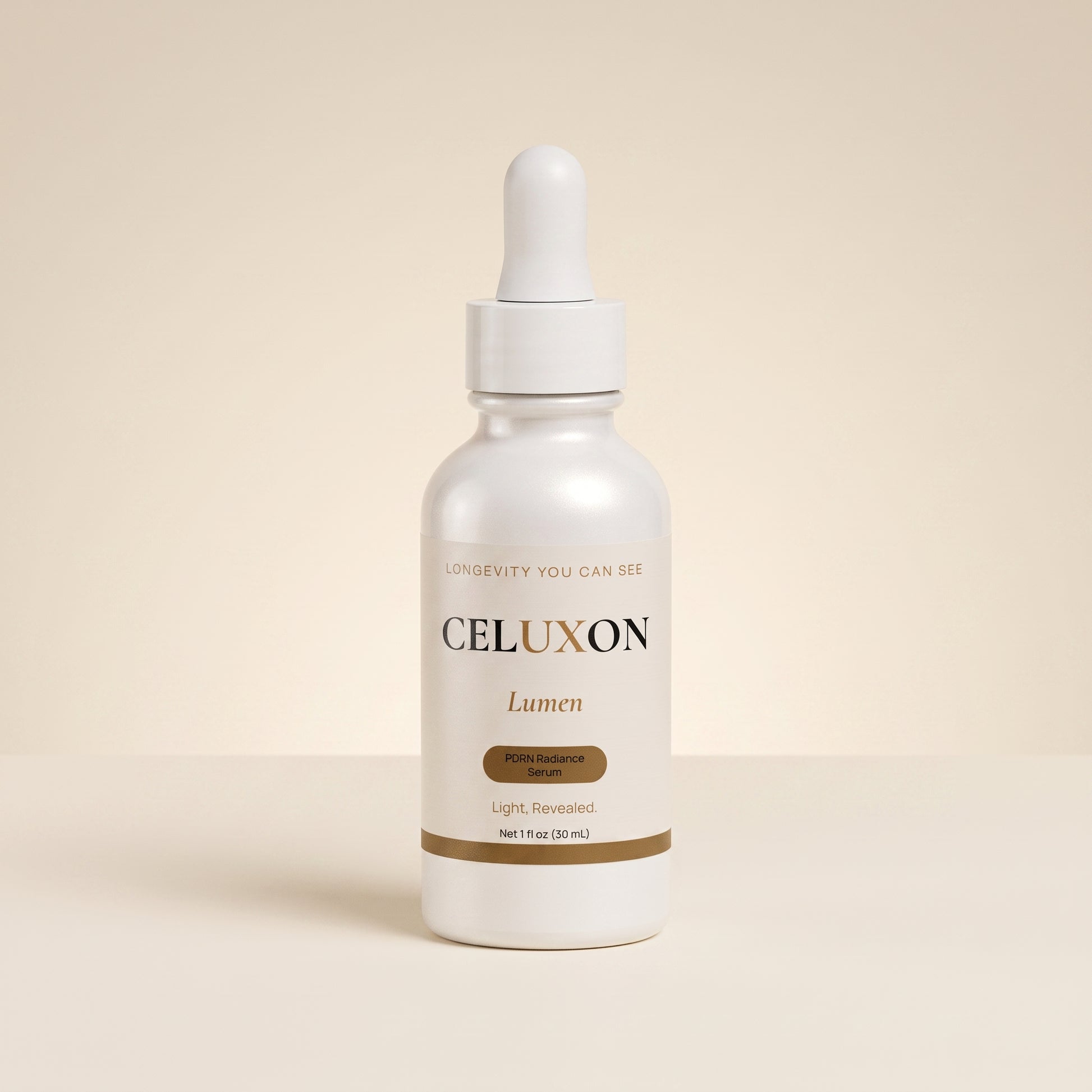 A white dropper bottle of CELUXON Lumen serum with a white cap, set against a solid light beige background.