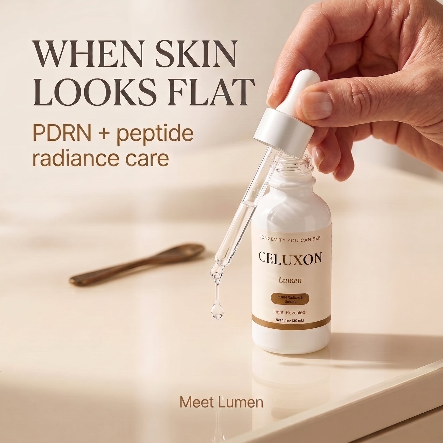 A hand holds a glass dropper above a white skincare bottle labeled CELUXON Lumen on a warm beige surface. Text on the image reads 'WHEN SKIN LOOKS FLAT PDRN + peptide radiance care' and 'Meet Lumen.