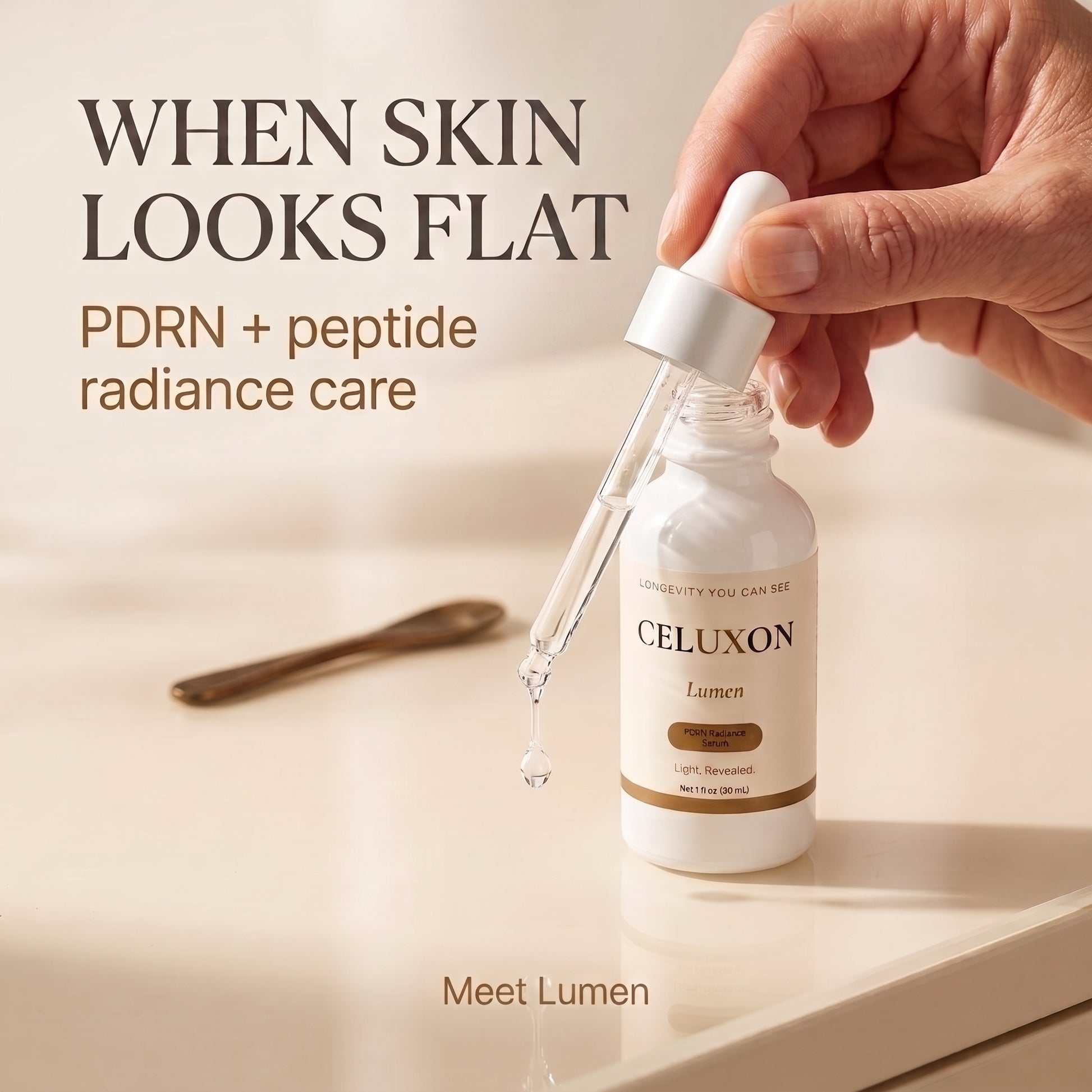 A hand holds a glass dropper above a white skincare bottle labeled CELUXON Lumen on a warm beige surface. Text on the image reads 'WHEN SKIN LOOKS FLAT PDRN + peptide radiance care' and 'Meet Lumen.