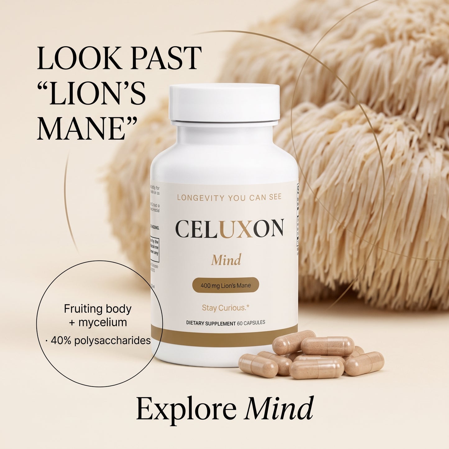 A white bottle of Celuxon Mind dietary supplement with several beige capsules in front, set against a warm beige background with dried lion's mane roots and text overlays.