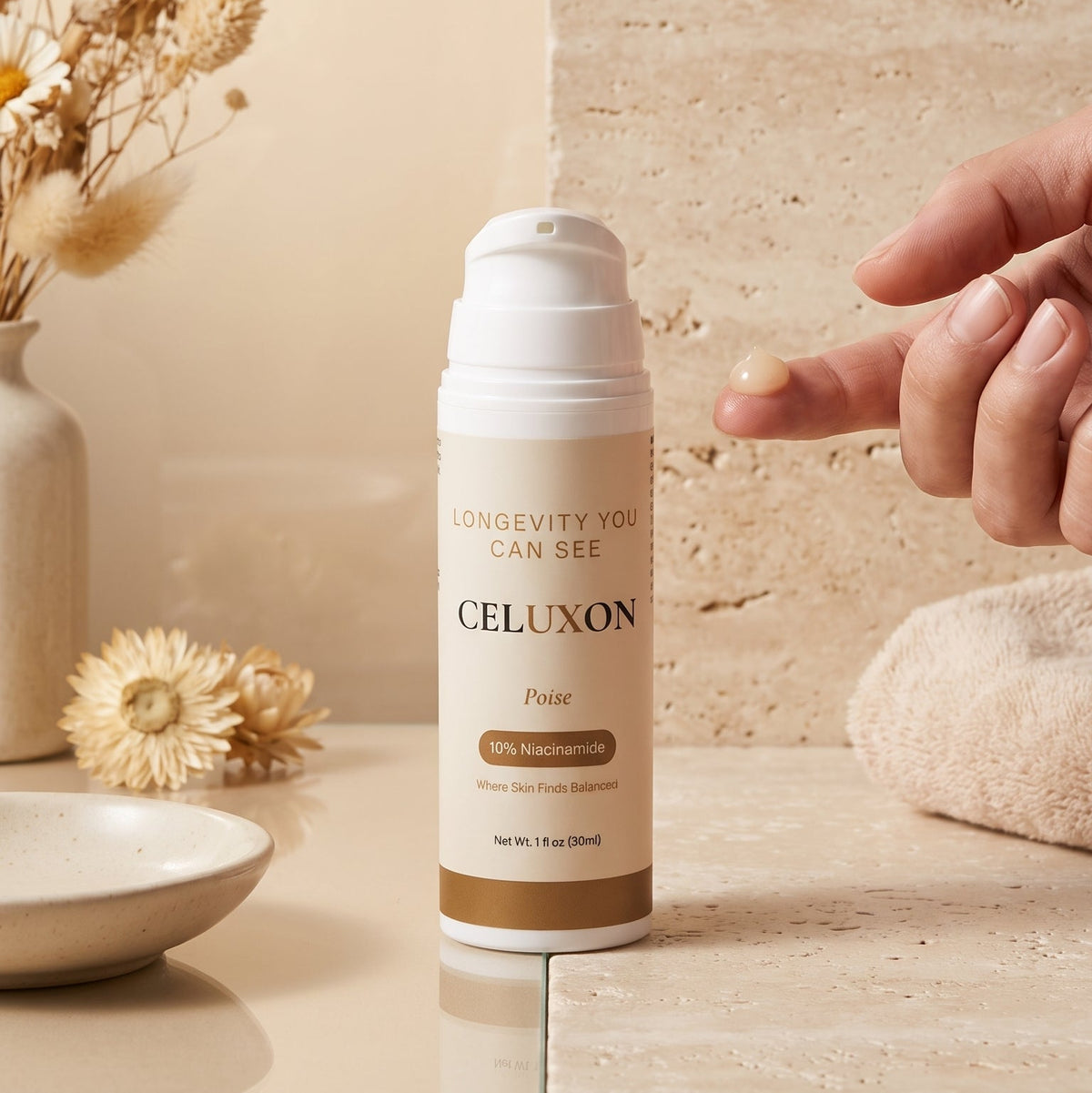 A skincare bottle labeled CELUXON Flare stands on a beige stone surface with dried flowers and a hand pointing toward it. Large text at the top reads 'SHINE + HYDRATION CAN COEXIST' and 'Meet POISE'.