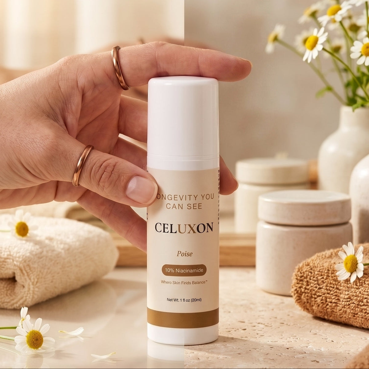 A hand holds a white and beige bottle of POISE CELUXON serum in a warm, aesthetically pleasing bathroom setting with towels, daisies, and other skincare items. Text at the top reads 'SHINE + HYDRATION CAN COEXIST 10% niacinamide balancing serum Meet POISE'.