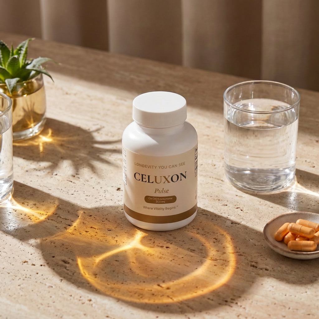 A white bottle of CELUXON Pulse dietary supplement capsules sits on a stone countertop in warm sunlight, with a glass of water, a small plant, and a dish of orange capsules nearby.