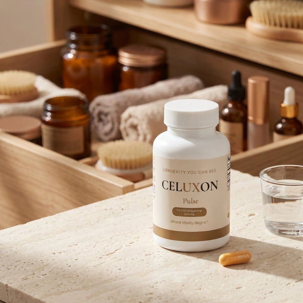 A white bottle of CELUXON Pulse dietary supplement placed on a light stone surface, with an amber capsule beside it and a softly blurred bathroom or spa drawer in the background containing amber bottles, brushes, and rolled towels.