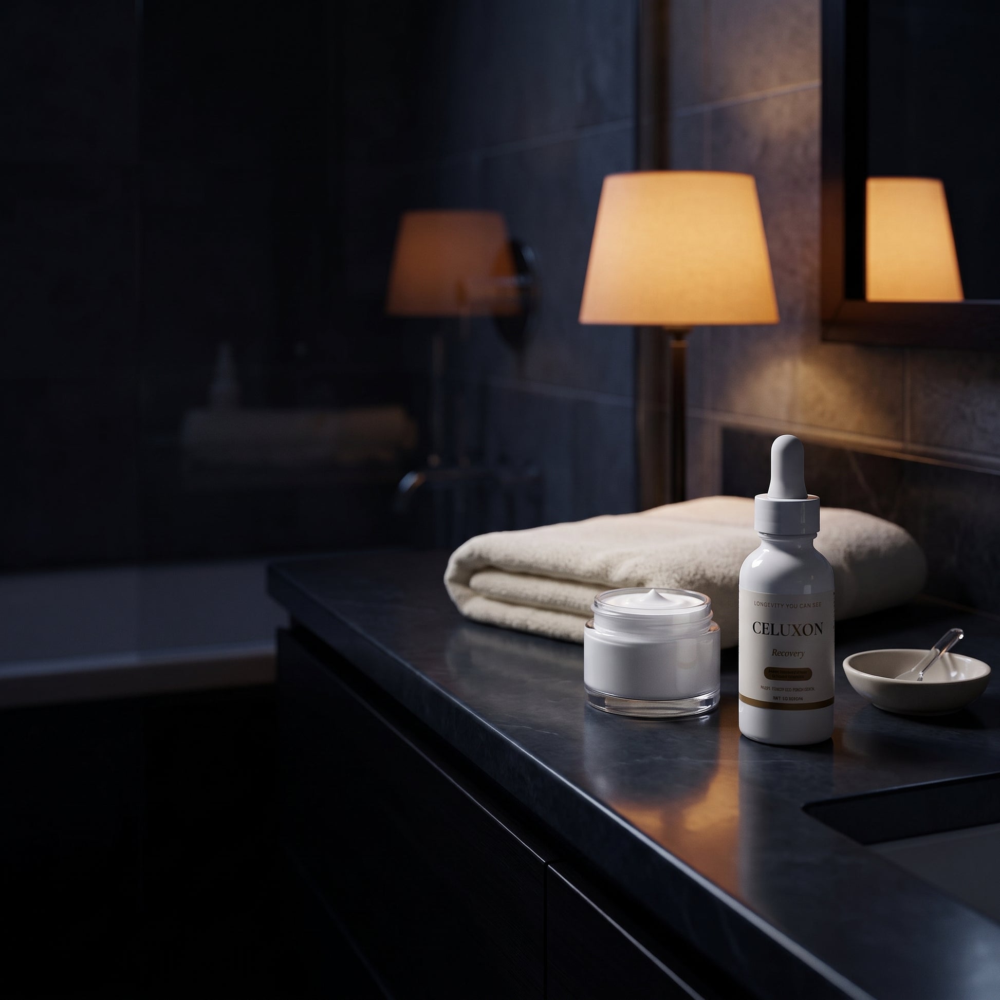 A skincare set from the brand Cruison, including a white dropper bottle and a white cream jar, styled on a dark bathroom counter next to a folded towel and warm ambient lighting.