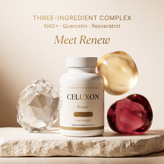 CELUXON Renew three-ingredient complex supplement bottle displayed on a stone slab with decorative crystal and translucent spheres against a warm beige background with promotional text.
