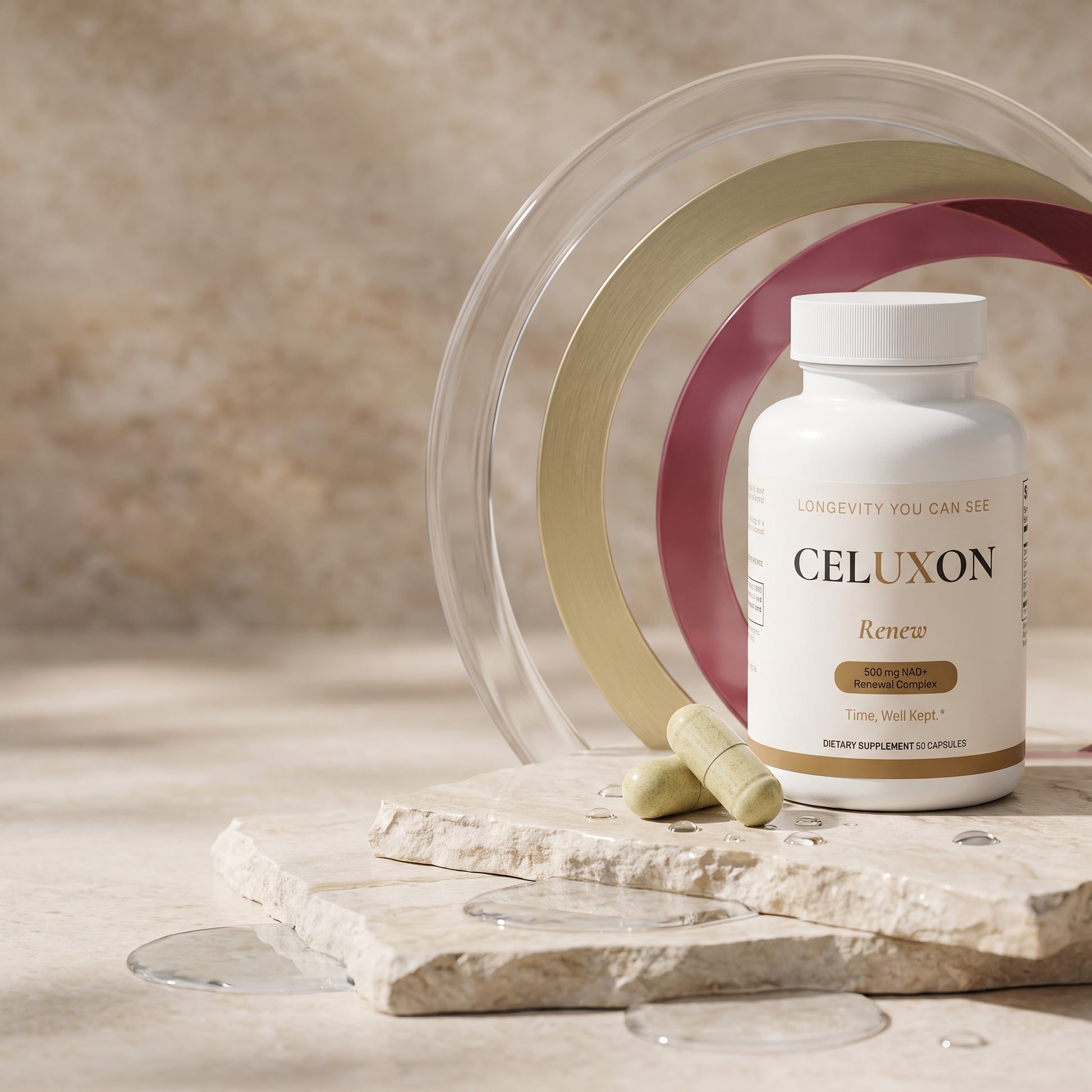 A white bottle of Celuxon Renew dietary supplement capsules sits on a stone slab with two capsules in front, styled with clear and mauve circular props against a textured beige background.