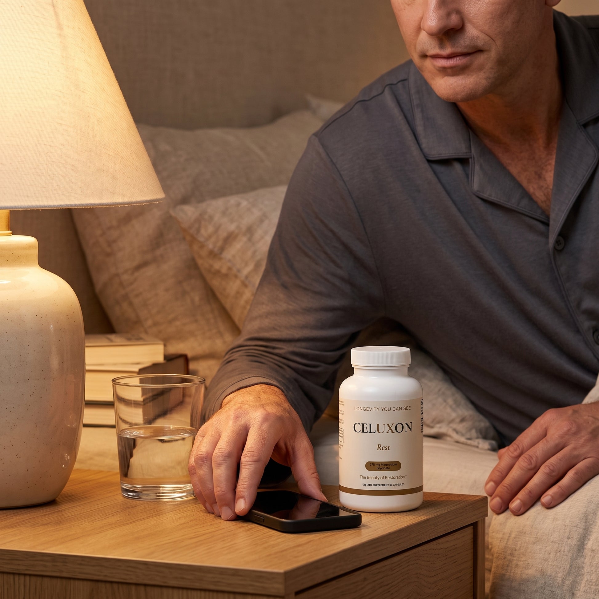 A man in a gray shirt sits on a bed at night, reaching toward a bottle of CELUXON Rose supplements placed on a wooden bedside table next to a lamp and a glass of water.