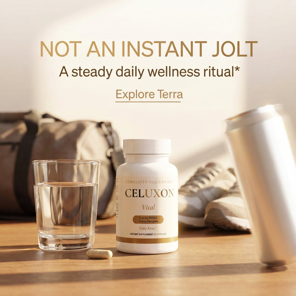 A bottle of CELUXON Terra dietary supplements sits on a wooden table in a warm, sunlit setting, surrounded by wellness props including a glass of water, a capsule, a pair of sneakers, and a can, with promotional text above.