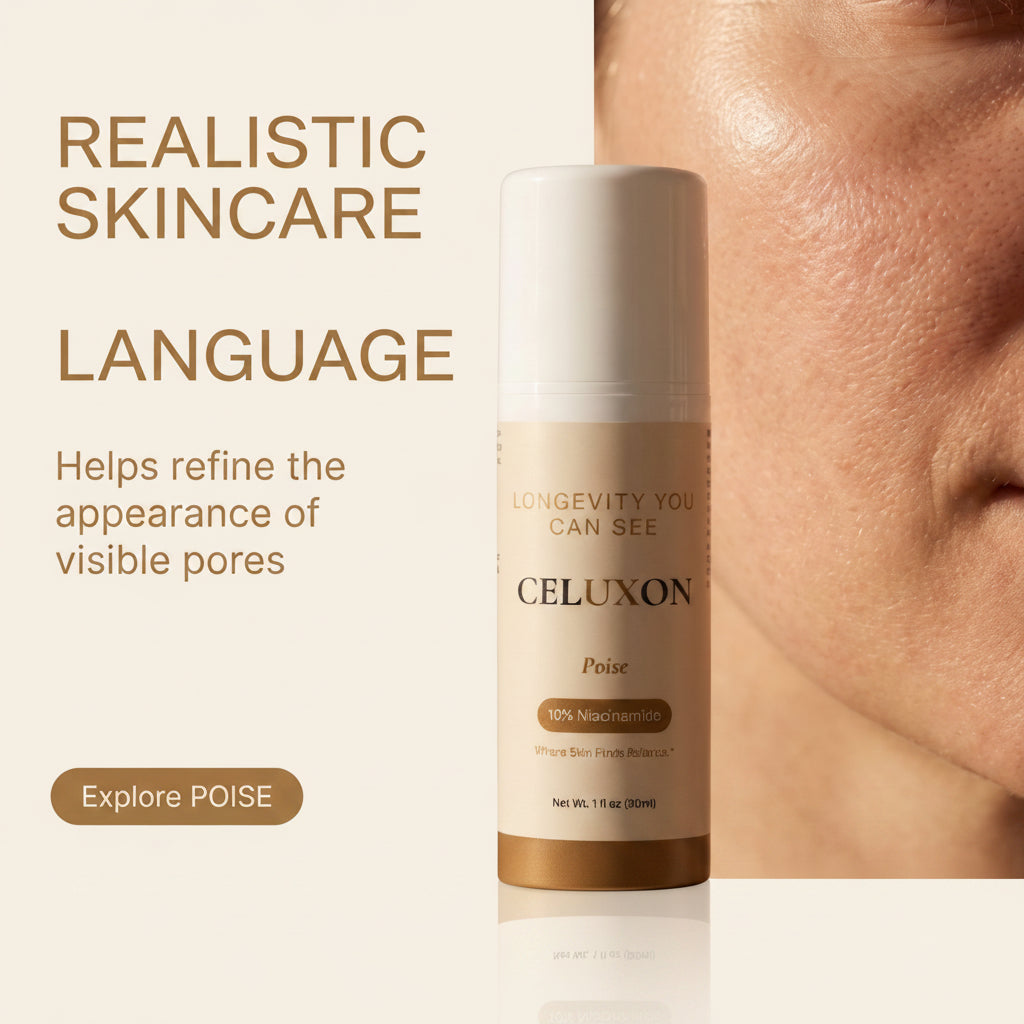 A skincare product bottle labeled CELUXON Polie on a beige promotional graphic with text reading 'REALISTIC SKINCARE SKINCARE LANGUAGE' and a close-up of a person's face on the right.