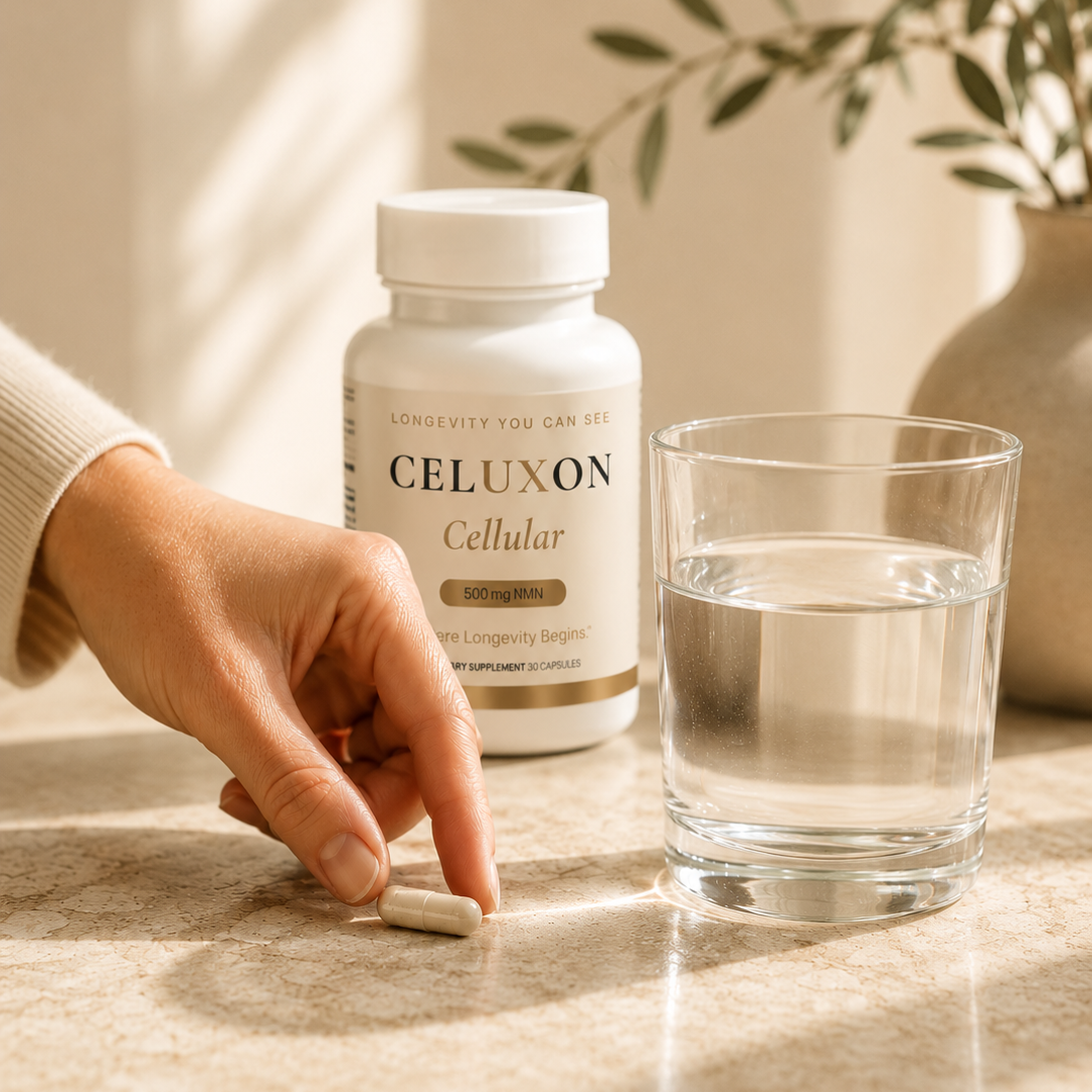 A hand reaches toward a CELUXON Cellular supplement bottle on a marble surface, with a glass of water and a potted olive branch in the background. The scene is lit by warm, natural sunlight with soft shadows.