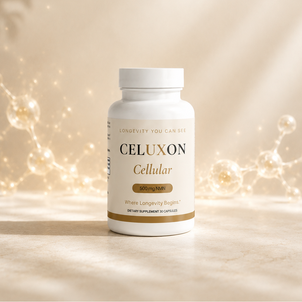 A white bottle of CELUXON Cellular dietary supplement with gold accents, set against a warm, sunlit beige background with soft leaf shadows and light splashes.