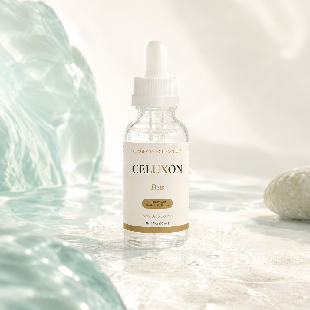 A clear glass dropper bottle of CELUXON Demulcent Facial Toner with a white label and gold accent band, set on a marble surface with soft water textures and a stone in the background.