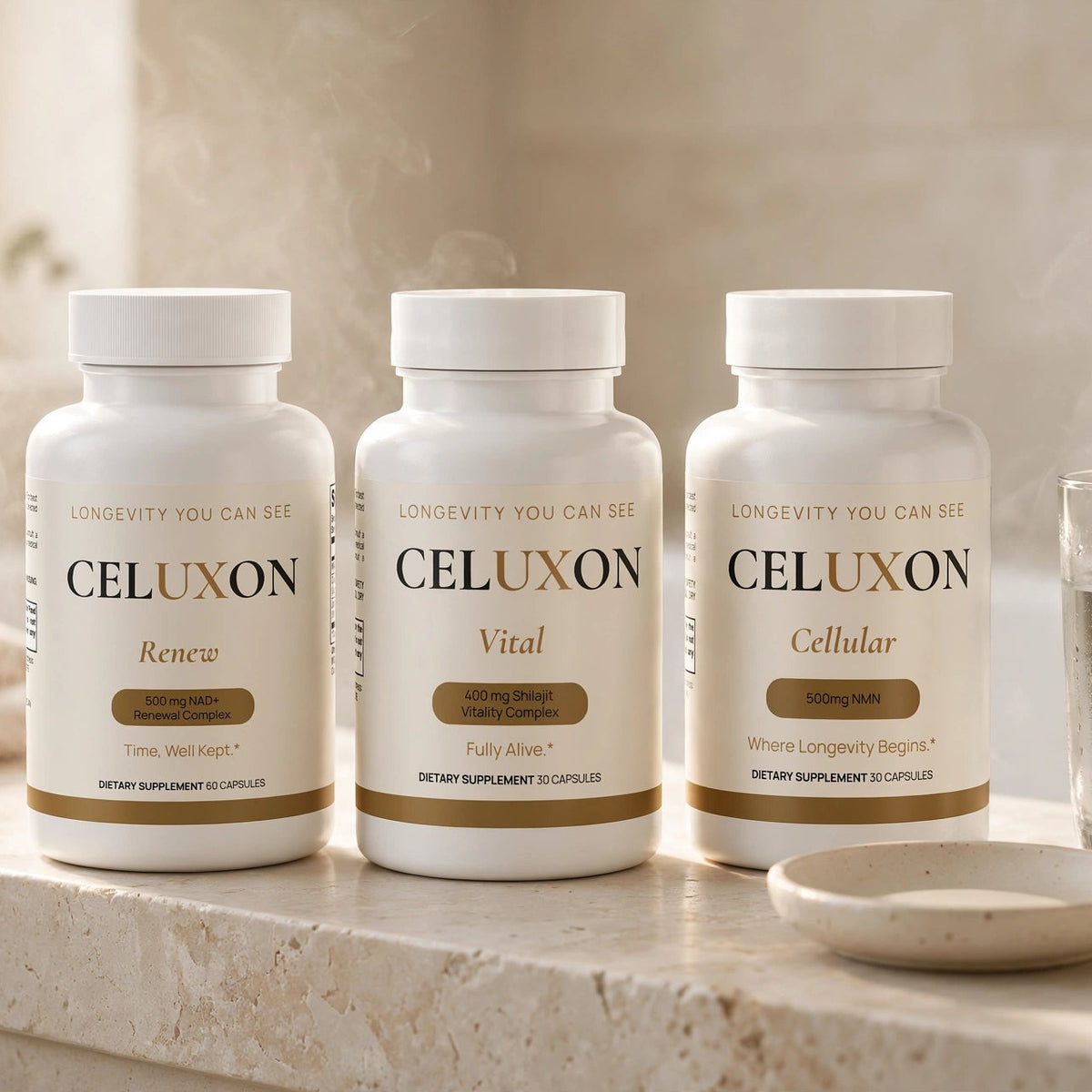 Three white bottles of Celuxon dietary supplements (Renew, Vital, Cellular) arranged on a light stone countertop next to a glass of water and a small dish.