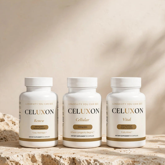 Three white supplement bottles labeled CELUXON (Rose, Cellular, and Vital) arranged on a textured stone surface against a warm beige background with soft leaf shadows.