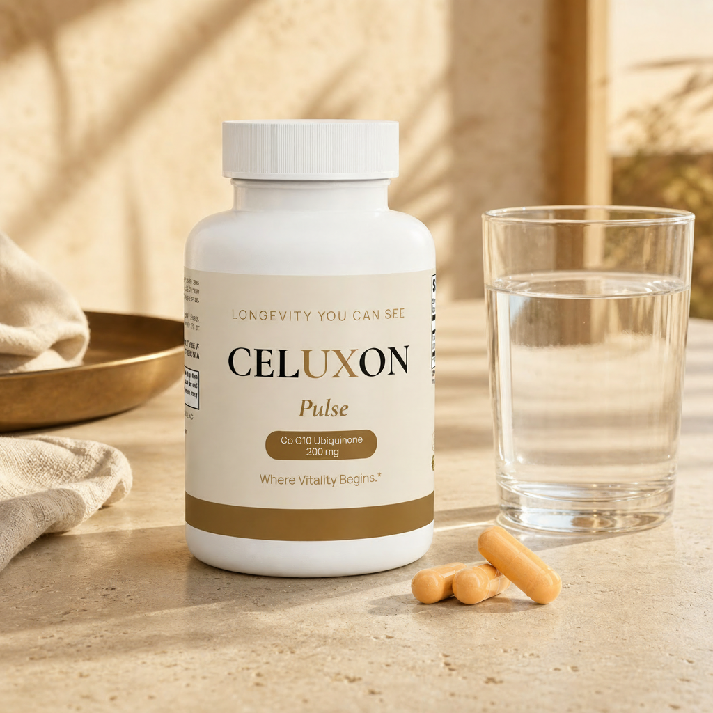 A white bottle of CELUXON Pulse dietary supplements with a beige label, shown on a stone surface next to a glass of water and a few orange capsules.