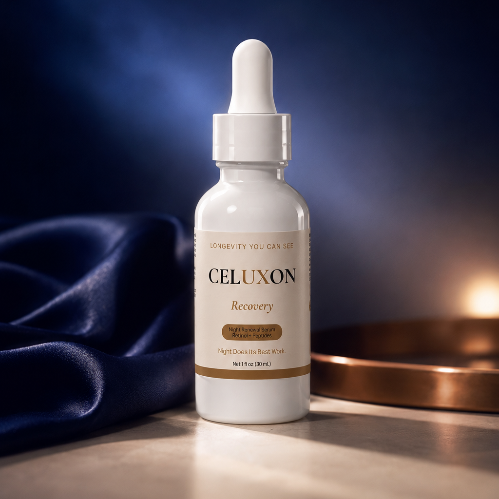 A white dropper bottle labeled CELUXON Recovery, set on a reflective surface with dark blue draped fabric on the left and a warm copper tray on the right against a dark blue background.