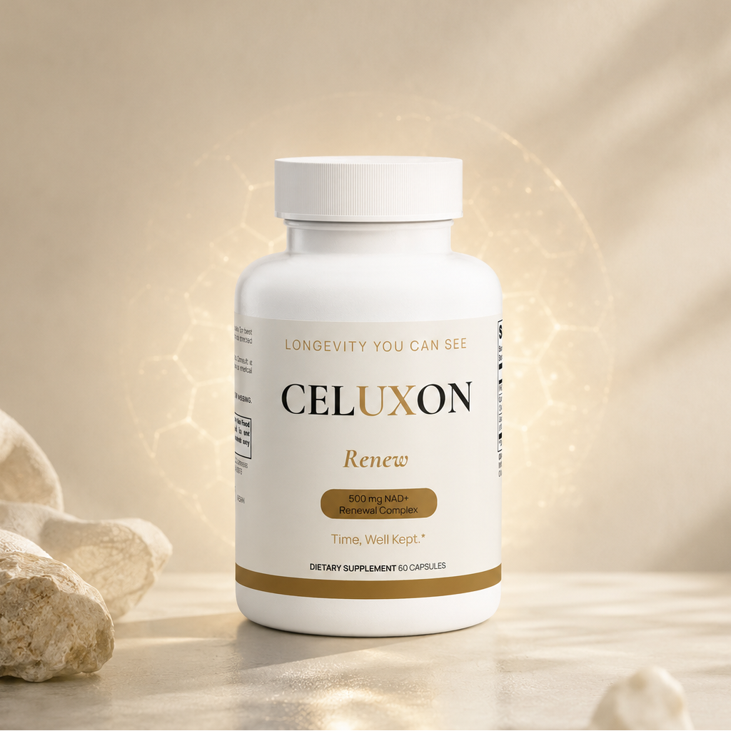 A white bottle of CELUXON Renew dietary supplement capsules, styled on a marble surface with natural stone props and warm, soft-focus lighting.