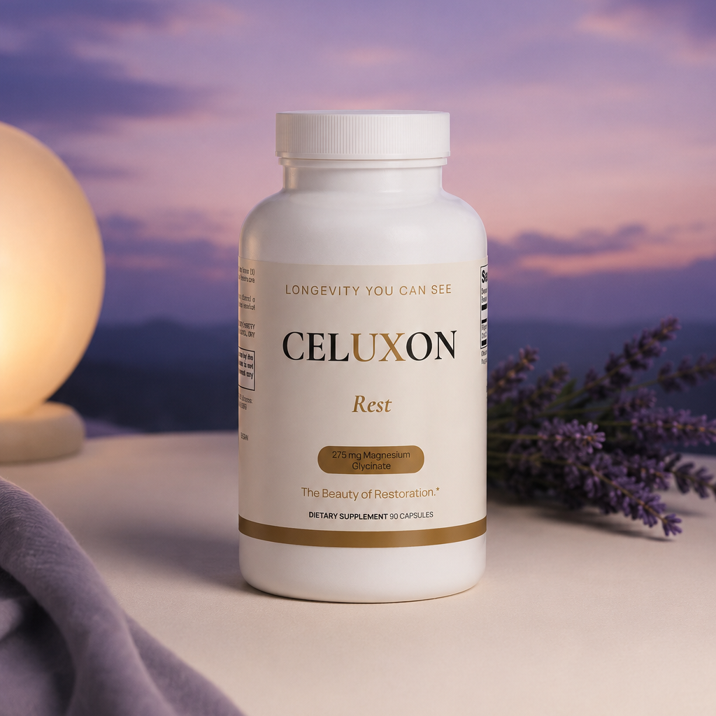 A white bottle of CELUXON Rest dietary supplement placed on a light surface with a purple sky and sunset background, styled with a glowing lamp on the left and lavender sprigs on the right.