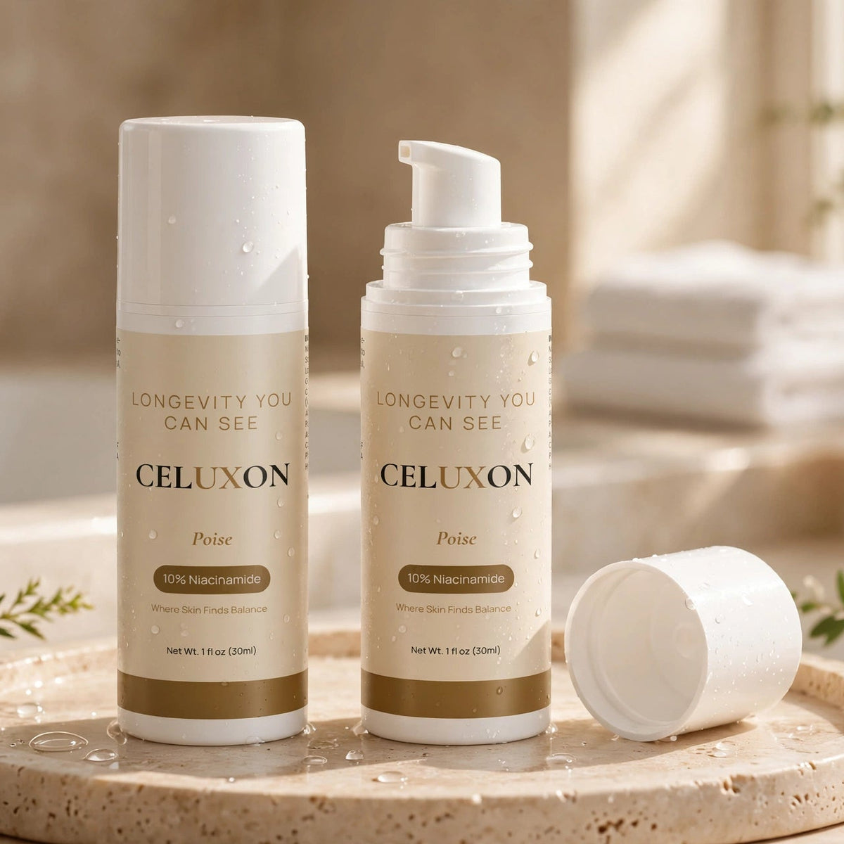 Two white and beige CELUXON skincare bottles on a stone tray with a cap beside them, photographed in a softly lit bathroom setting with greenery and a candle in the background.