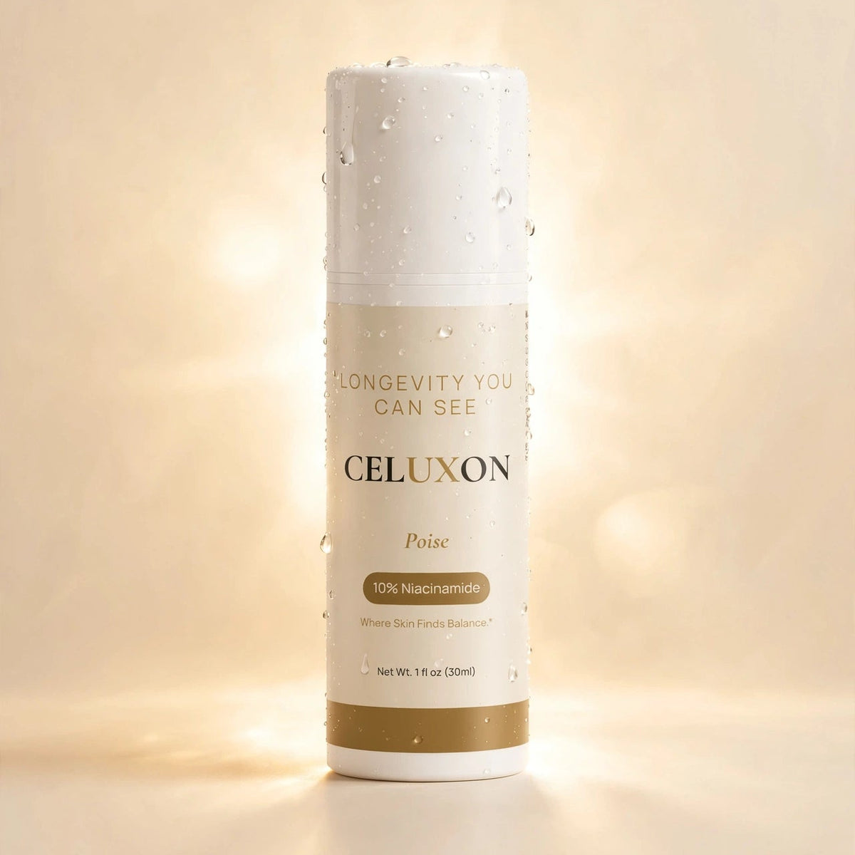 A white cylindrical bottle of CELUXON Poise skin serum with gold accents, standing on a reflective beige surface against a warm, softly lit beige background with bokeh light effects.