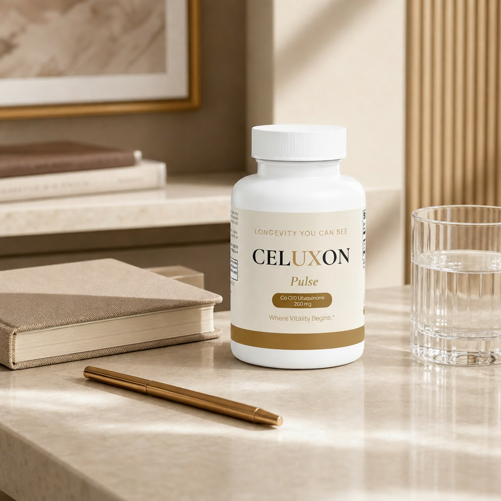A white bottle of CELUXON Pulse dietary supplement sits on a marble tabletop in a warm, styled interior setting with a glass of water, a pen, books, and a framed print in the background.