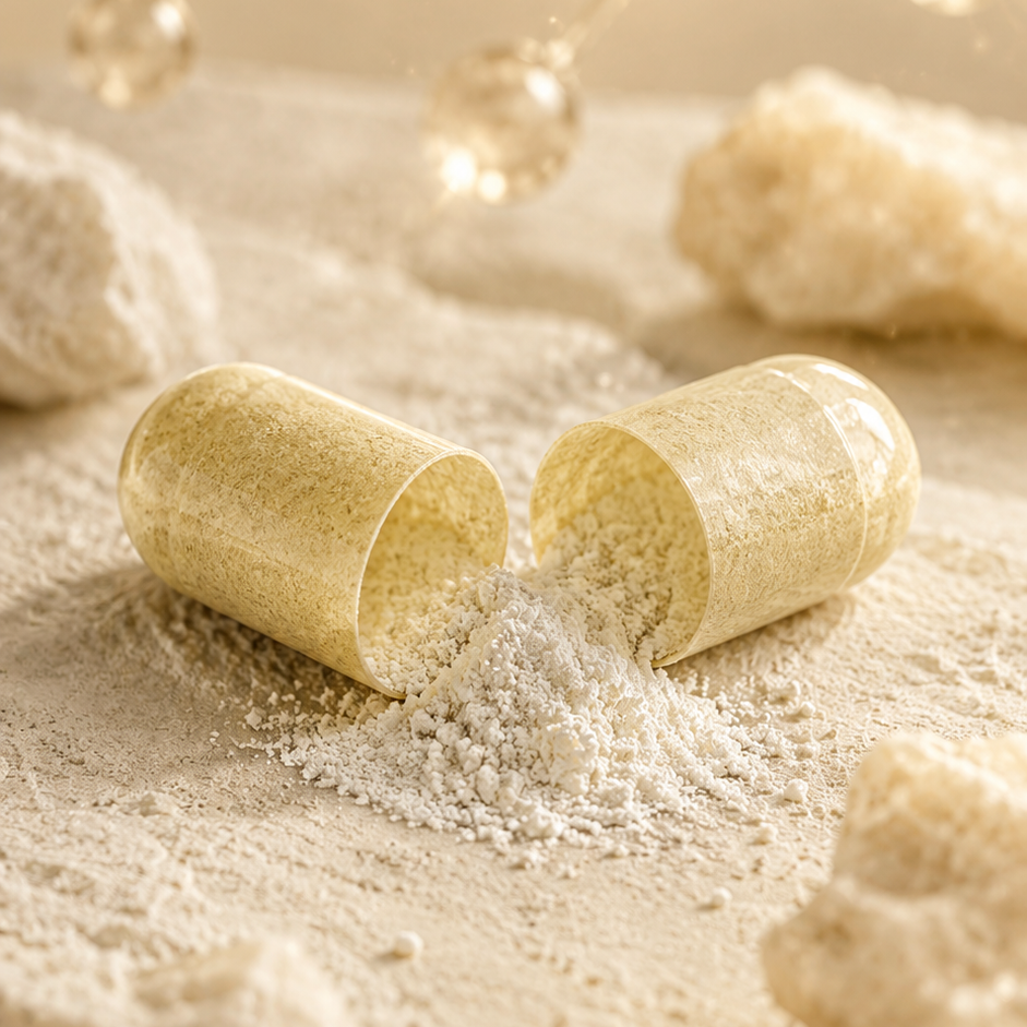 Two beige capsules lying open on a sandy surface, with fine powder spilling out. The scene is softly lit in warm beige tones, with blurred crystal-like molecular structures in the background.
